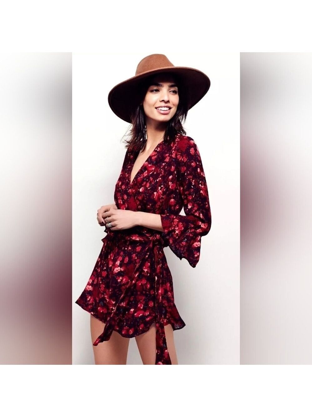 Women's Free People Floral Berry Romper Faux Wrap, Side Tie, Size Small